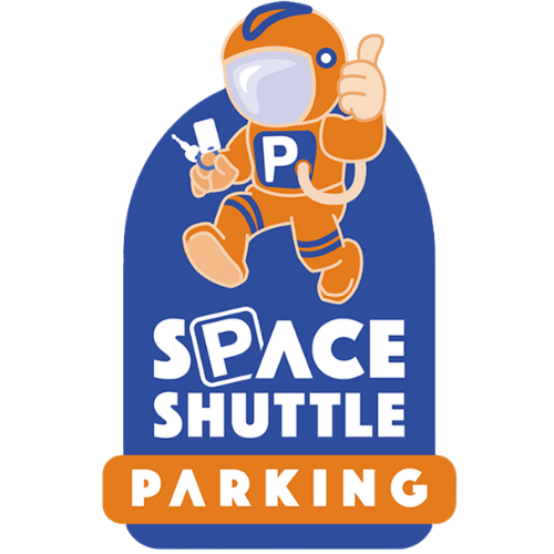 Cartoon astronaut in an orange suit giving a thumbs-up above a blue sign that says 'SPACE SHUTTLE PARKING' with orange base.