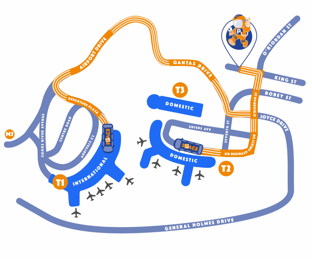 Colorful stylized airport map showing orange drive routes and blue roads with labels like Qantas Drive, Domestic, International, and terminal markers (T1, T2, T3).