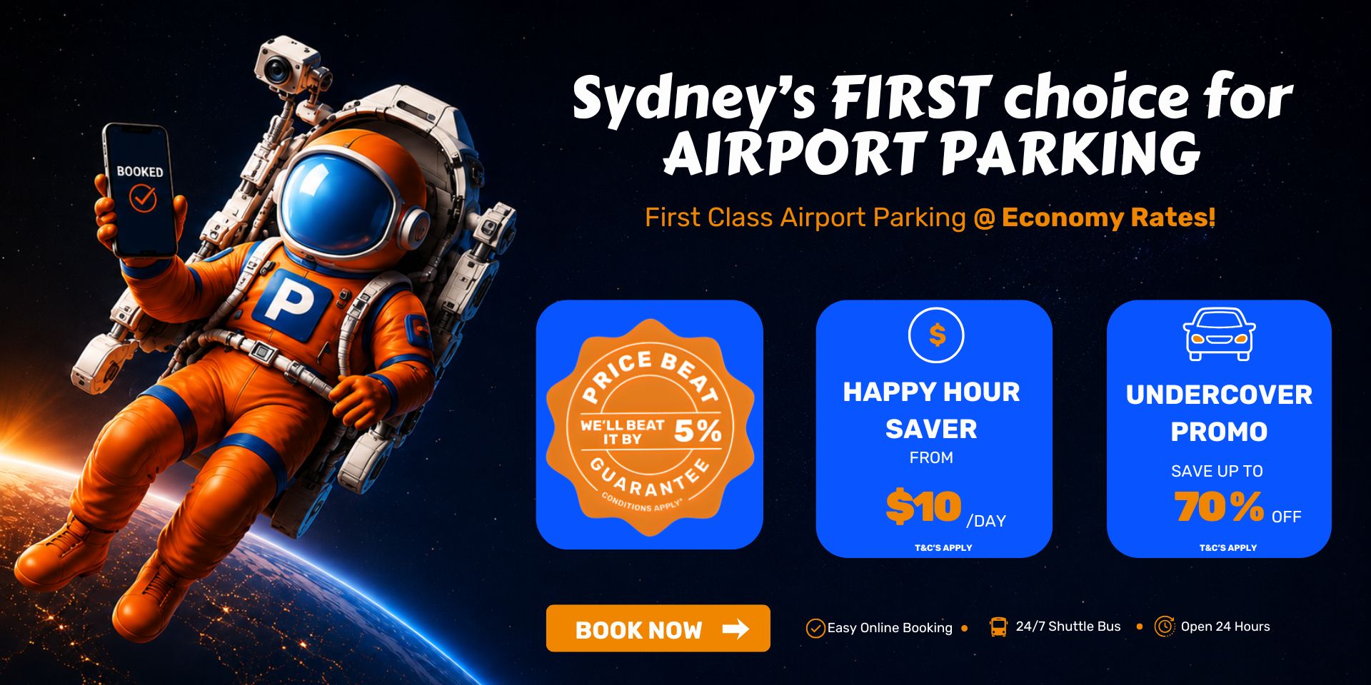 Astronaut in an orange suit floats in space, holding a phone that reads BOOKED, with a bold airport-parking promo and three blue offer tiles to the right.